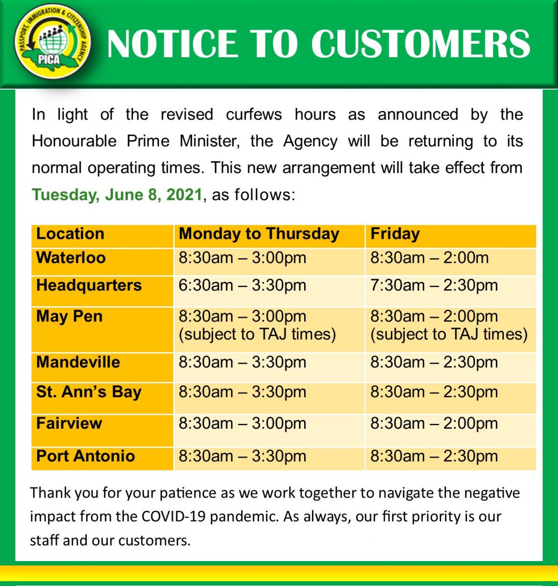 PICA Revised Hours Passport, Immigration and Citizenship Agency